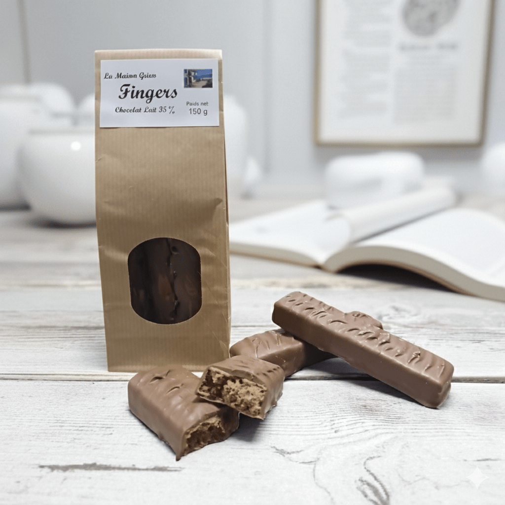 un sachet de 3 barres chocolat praliné sur une table avec un livre en arrière plan