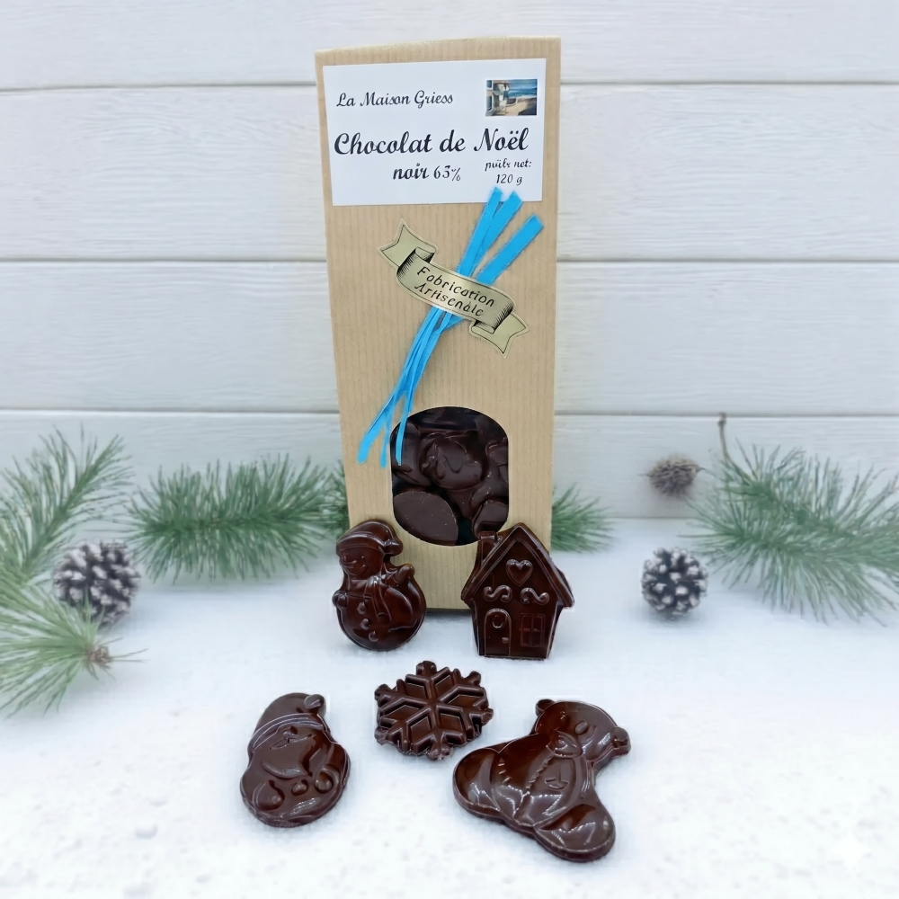 sachet de friture en chocolat noir de la maison griess avec décor de noel
