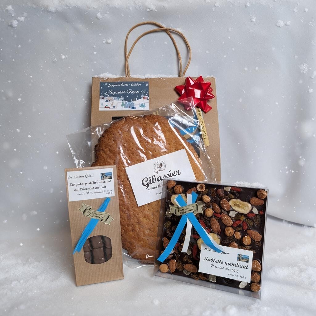présentation d'un coffret pour noel avec un sac cadeau, un gibassier, une tablette mendiant, et des lingots praliné de la maison griess