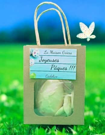 œuf de paques dans un petit sec kraft dans l'herbe
