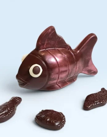 poisson décoré rouge et friture en chocolat noir supérieur de la maison griess à cadolive
