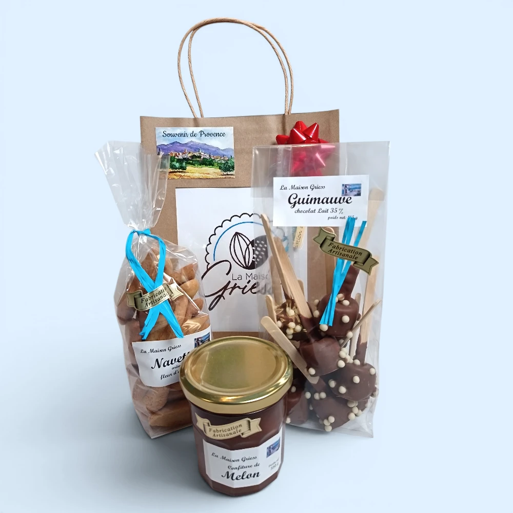 sac à offrir vide avec carte souvenir de provence pour biscuiterie et chocolaterie la maison griess à cadolive