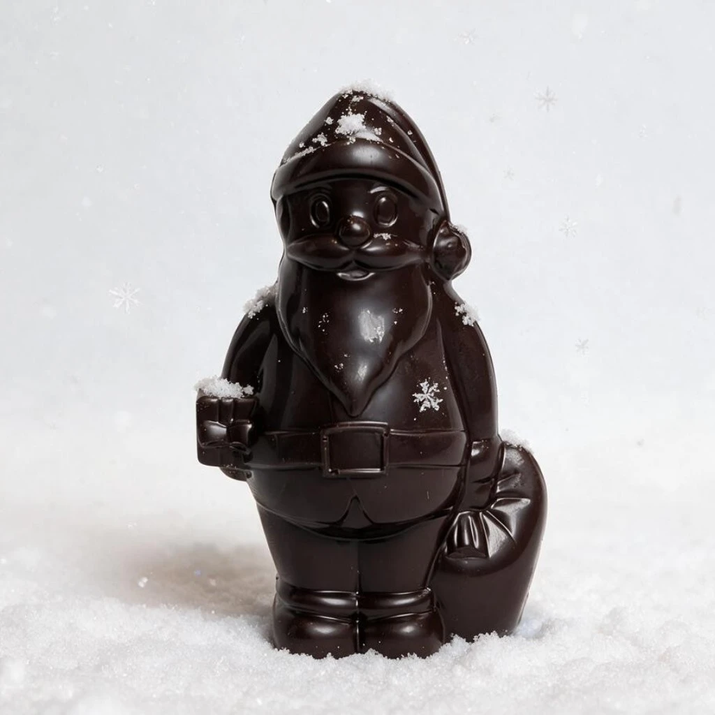 pere noel en chocolat noir dans un decor de neige à cadolive chocolatier la maison griess